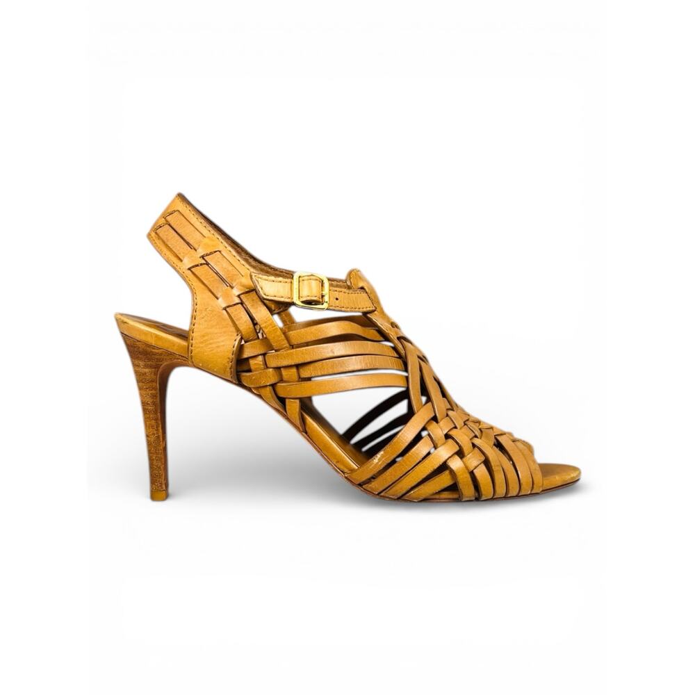 Tory Burch Nadia Huarache Woven Leather Heels 9.5  Brown Boho Strappy Stiletto